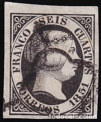 Sellos: ESPA&Ntilde;A, 1851 EDIFIL N&ordm; 6p, 6 cu. negro, [Papel grueso / Borde de Hoja.]