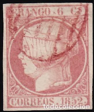 Sellos: ESPA&Ntilde;A, 1852 EDIFIL N&ordm; 12, 6 cu. rosa. [Mat. Parrilla Roja / Certificado Dr. Ulrich.]
