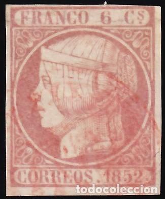 Sellos: ESPA&Ntilde;A, 1852 EDIFIL N&ordm; 12, 6 cu. rosa. [Mat. Parrilla Roja.]