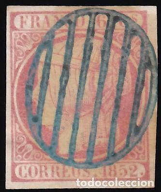 Sellos: ESPA&Ntilde;A, 1852 EDIFIL N&ordm; 12, 6 cu. rosa. [Mat. Parrilla Azul.]