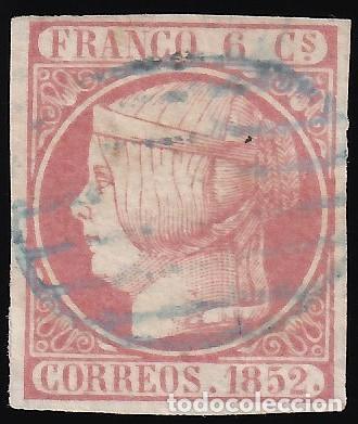 Sellos: ESPA&Ntilde;A, 1852 EDIFIL N&ordm; 12, 6 cu. rosa. [Mat. Parrilla Azul.]