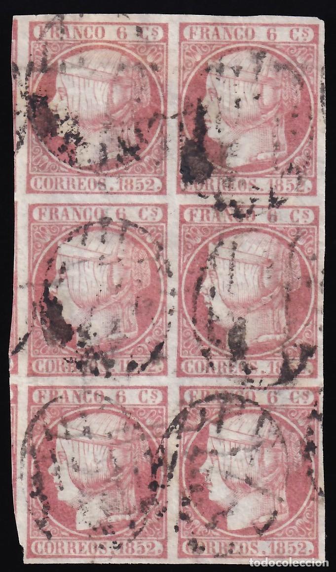 Sellos: ESPA&Ntilde;A, 1852 EDIFIL N&ordm; 12, 6 cu. rosa. [Bloque de seis.]