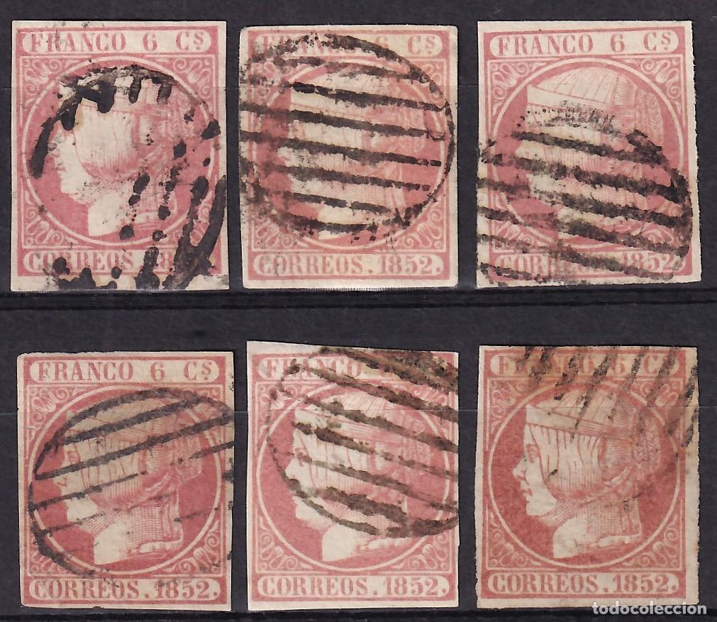 Sellos: ESPA&Ntilde;A, 1852 EDIFIL N&ordm; 12, 6 cu. rosa. [Seis sellos / M&aacute;rgenes completos.]