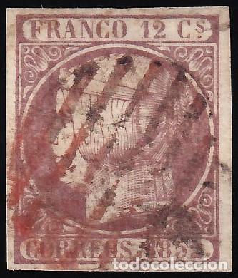 Sellos: ESPA&Ntilde;A, 1852 EDIFIL N&ordm; 13, 12 cu. lila. [Mat. Parrilla Roja.]