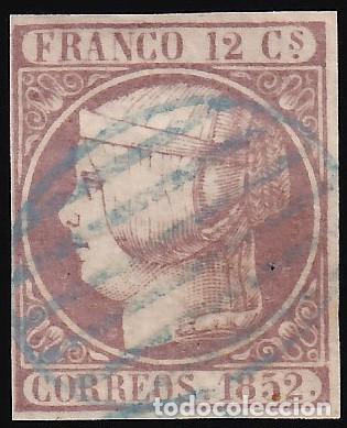 Sellos: ESPA&Ntilde;A, 1852 EDIFIL N&ordm; 13, 12 cu. lila. [Mat. Parrilla Azul.]