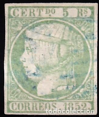 Sellos: ESPA&Ntilde;A, 1852 EDIFIL N&ordm; 16, 5 r. verde. [Mat. Parrilla Azul.]