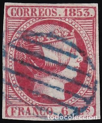 Sellos: ESPA&Ntilde;A, 1853 EDIFIL N&ordm; 17, 6 c. rosa. [Mat. Parrilla Azul.]
