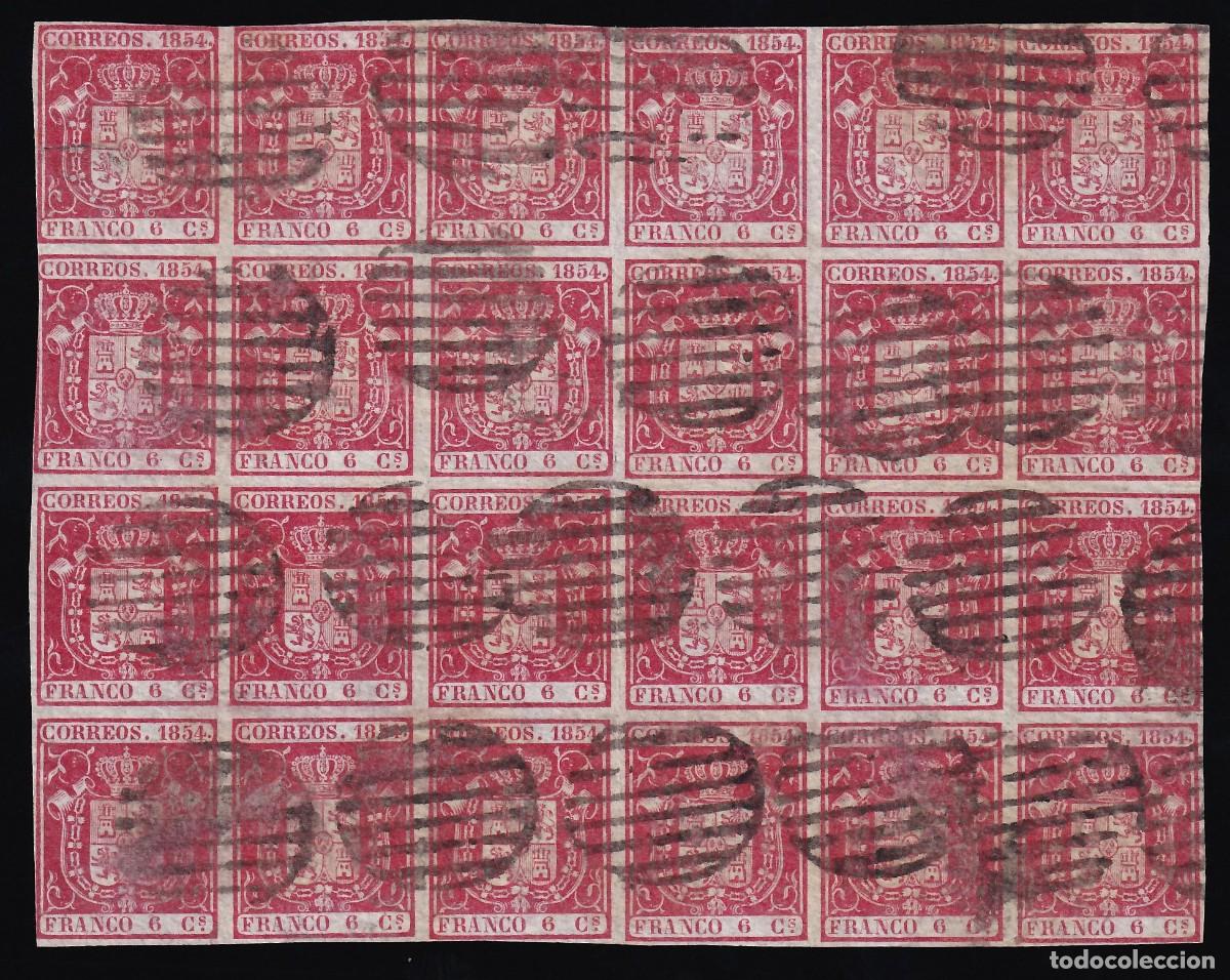 Sellos: ESPA&Ntilde;A, 1854 EDIFIL N&ordm; 24, 6 cu. carm&iacute;n, [Bloque de veinticuatro.]