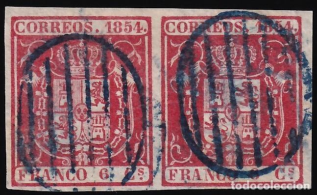 Sellos: ESPA&Ntilde;A, 1854 EDIFIL N&ordm; 24, 6 cu. carm&iacute;n, [Pareja / Mat. Parrilla Azul.]