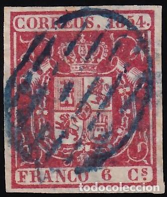 Sellos: ESPA&Ntilde;A, 1854 EDIFIL N&ordm; 24, 6 cu. carm&iacute;n, [Mat. Parrilla Azul.]