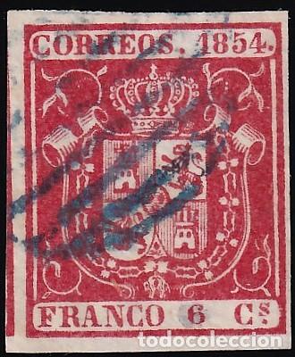 Sellos: ESPA&Ntilde;A, 1854 EDIFIL N&ordm; 24, 6 cu. carm&iacute;n, [Mat. Parrilla Azul.]