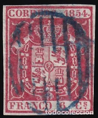 Sellos: ESPA&Ntilde;A, 1854 EDIFIL N&ordm; 24, 6 cu. carm&iacute;n, [Mat. Parrilla Azul.]