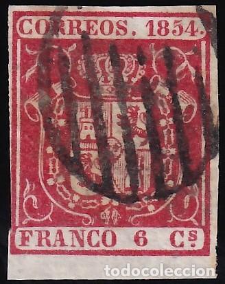 Sellos: ESPA&Ntilde;A, 1854 EDIFIL N&ordm; 24, 6 cu. carm&iacute;n, [Borde de Hoja.]