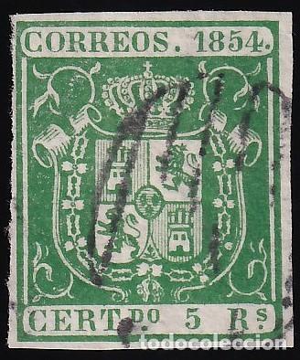 Sellos: ESPA&Ntilde;A, 1854 EDIFIL N&ordm; 26, 5 r. verde,