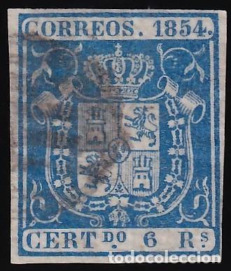Sellos: ESPA&Ntilde;A, 1854 EDIFIL N&ordm; 27, 6 r. azul