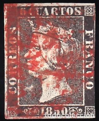 Sellos: ESPA&Ntilde;A, 1850 EDIFIL N&ordm; 1, 6 cu. negro [Tipo I. / Mat. Fechador Baeza.]