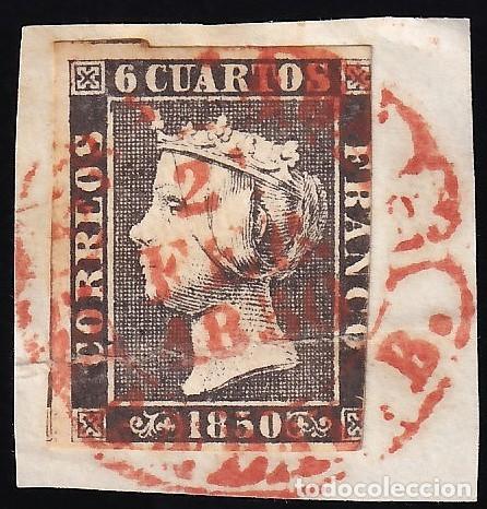 Sellos: ESPA&Ntilde;A, 1850 EDIFIL N&ordm; 1A, 6 cu. negro [Tipo II. / Mat. Fechador Baeza. &rdquo;2 FEB 1850&rdquo;]