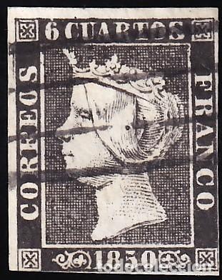 Sellos: ESPA&Ntilde;A, 1850 EDIFIL N&ordm; 1A, 6 cu. negro, [Tipo II. Mat. Parrilla de Madrid.]