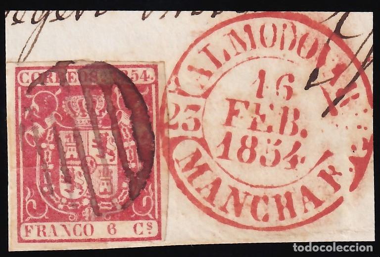 Sellos: ESPA&Ntilde;A, 1854 EDIFIL N&ordm; 24, 6 cu. carm&iacute;n, [Mat. Fechador, ALMODOVAR / MANCHA B.]