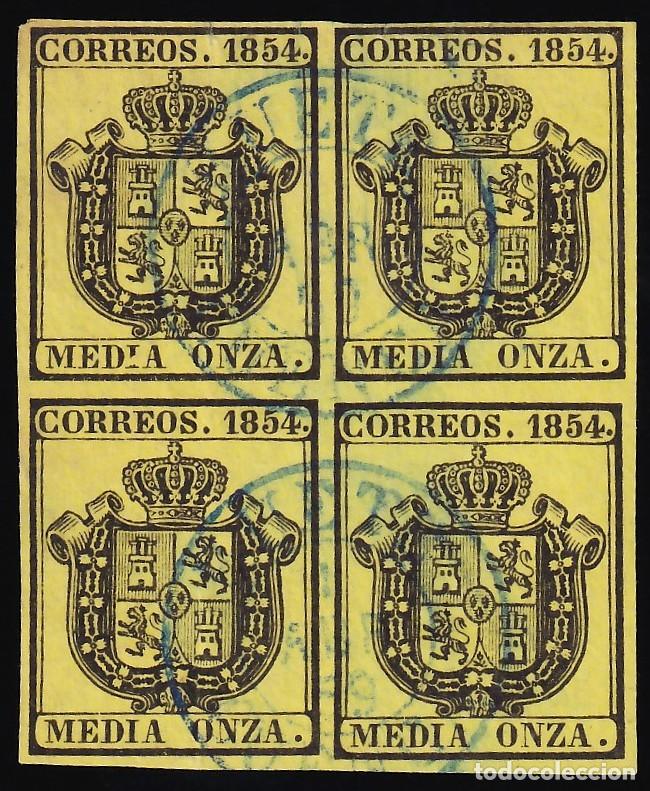Sellos: ESPA&Ntilde;A, 1854 EDIFIL N&ordm; 28, &frac12; onza. amarillo, [Mat. Fechador en azul.]