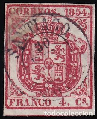 Sellos: ESPA&Ntilde;A, 1854 EDIFIL N&ordm; 33, 6 cu. carm&iacute;n, [Mat. Fechador / SANTIAGO.]