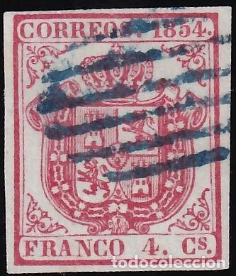 Sellos: ESPA&Ntilde;A, 1854 EDIFIL N&ordm; 33A, 6 cu. carm&iacute;n, [Mat. Parrilla Azul.]