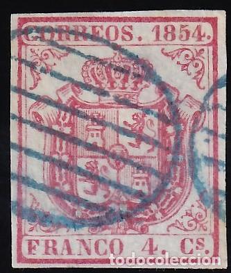 Sellos: ESPA&Ntilde;A, 1854 EDIFIL N&ordm; 33A, 6 cu. carm&iacute;n, [Mat. Parrilla Azul.]