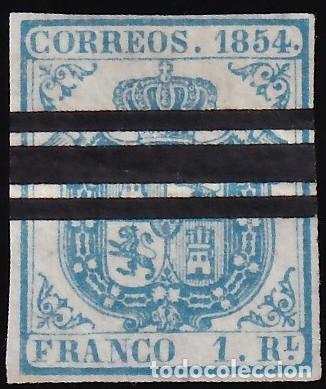 Sellos: ESPA&Ntilde;A, 1854 EDIFIL N&ordm; 34AS, 1 r. azul claro.