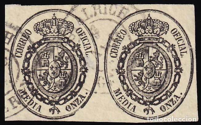 Sellos: ESPA&Ntilde;A, 1855 EDIFIL N&ordm; 35, &frac12; o. negro s/ amarillo, [Pareja, Mat Fechador.]