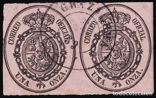 Sellos: ESPA&Ntilde;A, 1855 EDIFIL N&ordm; 36, 1 o. negro s/ rosa, [Pareja, Mat Fechador.]