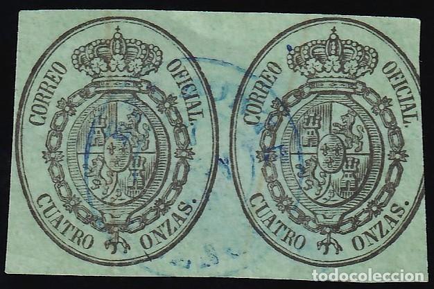 Sellos: ESPA&Ntilde;A, 1855 EDIFIL N&ordm; 37, 4 o. negro s/ verde, [Pareja, Mat Fechador en azul.]