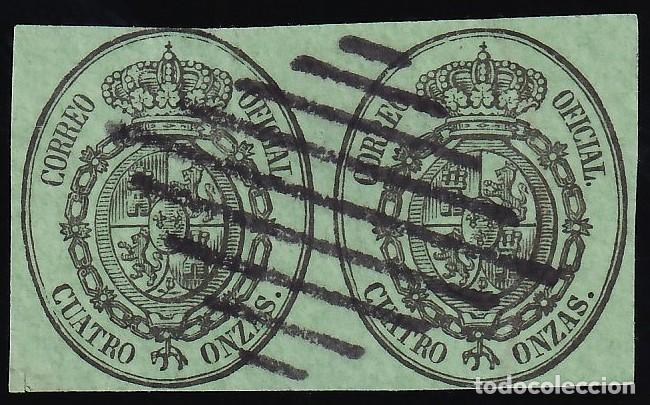 Sellos: ESPA&Ntilde;A, 1855 EDIFIL N&ordm; 37, 4 o. negro s/ verde, [Pareja, Mat Rejilla.]