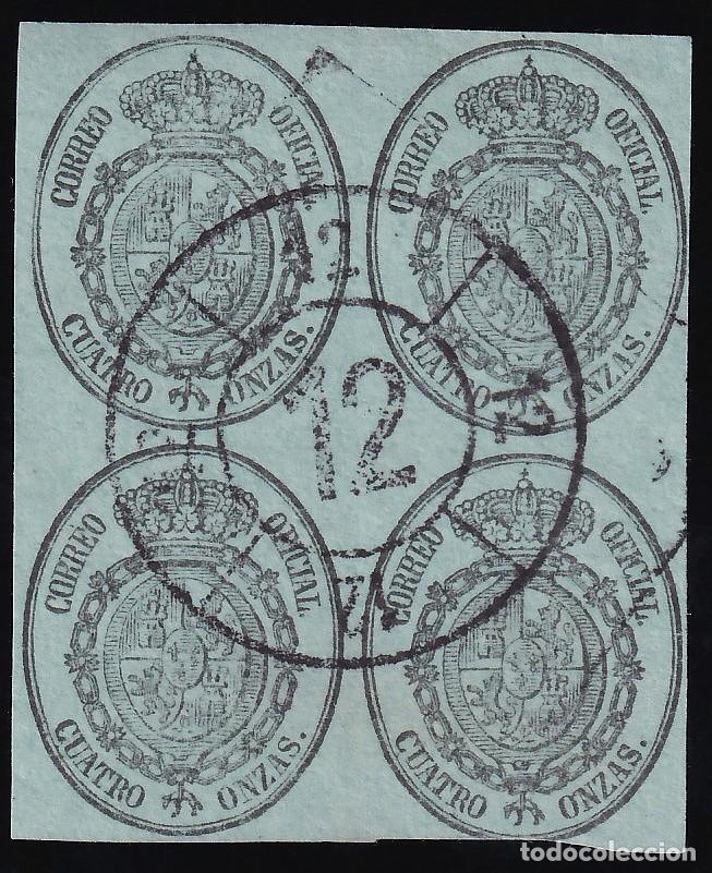 Sellos: ESPA&Ntilde;A, 1855 EDIFIL N&ordm; 37, 4 o. negro s/ verde, [Bloque de cuatro, Mat. Rueda de Carreta 12, OVIEDO]