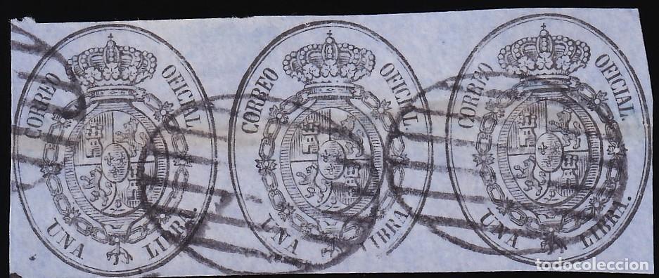 Sellos: ESPA&Ntilde;A, 1855 EDIFIL N&ordm; 38, 1 l. negro s/ azul [Tira de tres, Mat. Parrilla]