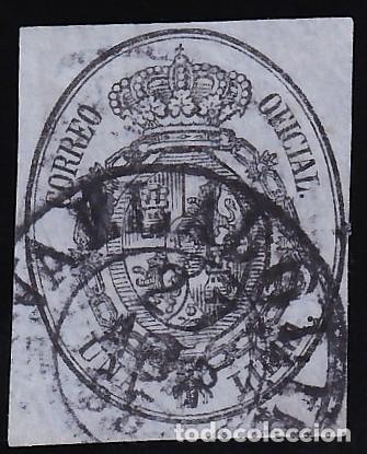 Sellos: ESPA&Ntilde;A, 1855 EDIFIL N&ordm; 38, 1 l. negro s/ azul [Mat. Fechador.]