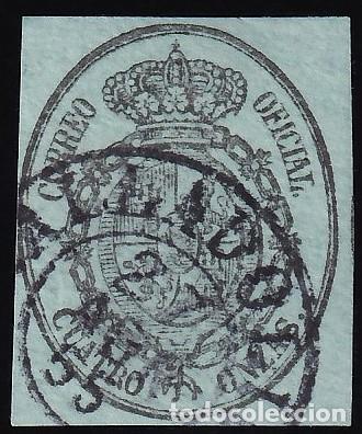 Sellos: ESPA&Ntilde;A, 1855 EDIFIL N&ordm; 37, 4 o. negro s/ verde, [Mat Fechador.]