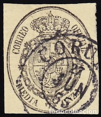 Sellos: ESPA&Ntilde;A, 1855 EDIFIL N&ordm; 35, &frac12; o. negro s/ amarillo, [Mat. Fechador.]