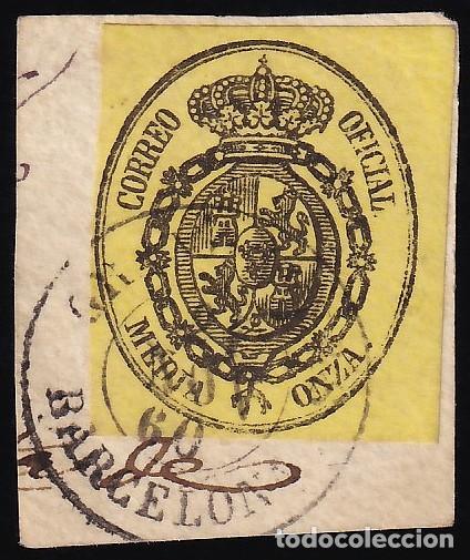 Sellos: ESPA&Ntilde;A, 1855 EDIFIL N&ordm; 35, &frac12; o. negro s/ amarillo, [Mat. Fechador.]