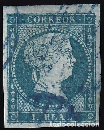 Sellos: ESPA&Ntilde;A, 1855 EDIFIL N&ordm; 41, 1 r. azul, [Mat. Parrilla Azul / Papel, Filigrana Lazos.]