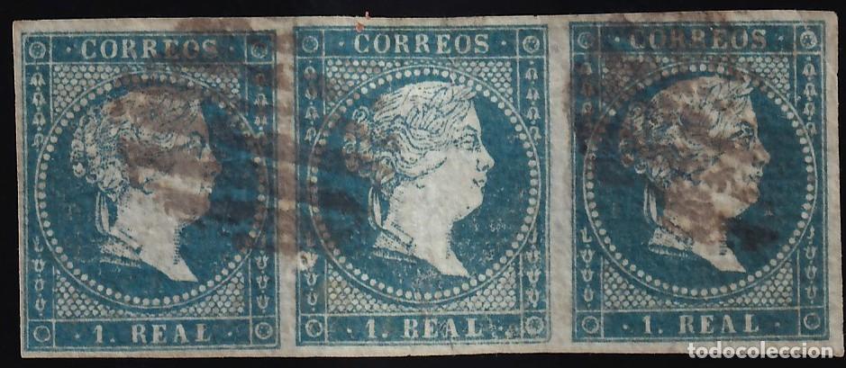 Sellos: ESPA&Ntilde;A, 1855 EDIFIL N&ordm; 41, 1 r. azul, [Tira de tres / Papel, Filigrana Lazos.]