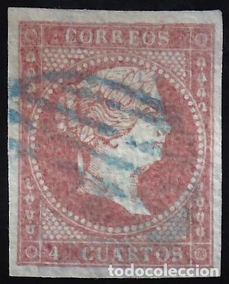 Sellos: ESPA&Ntilde;A, 1855 EDIFIL N&ordm; 40, 4 cu rojo, [Mat. Parrilla Azul.]