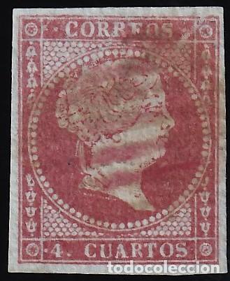 Sellos: ESPA&Ntilde;A, 1855 EDIFIL N&ordm; 40, 4 cu rojo, [Mat. Parrilla Roja.]
