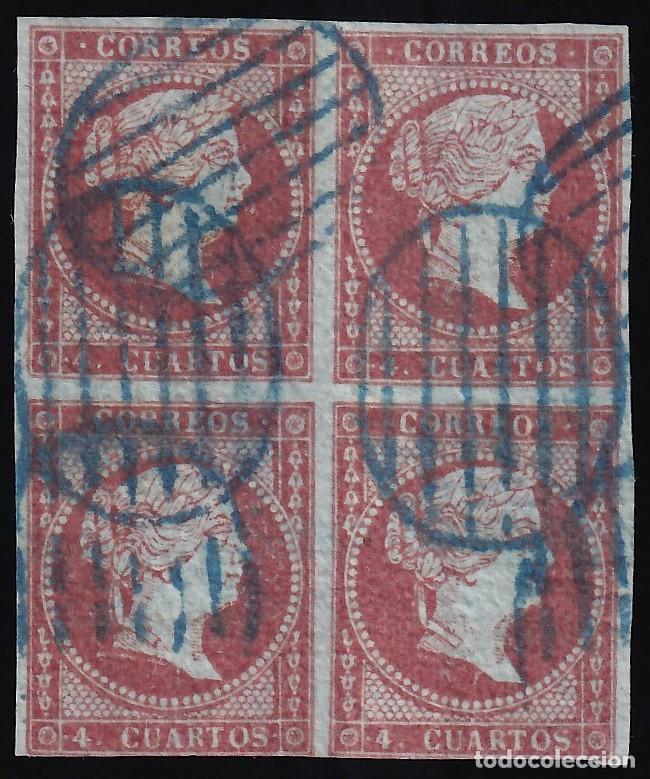 Sellos: ESPA&Ntilde;A, 1855 EDIFIL N&ordm; 40, 4 cu rojo, [Bloque de cuatro / Mat. Parrilla Azul.]