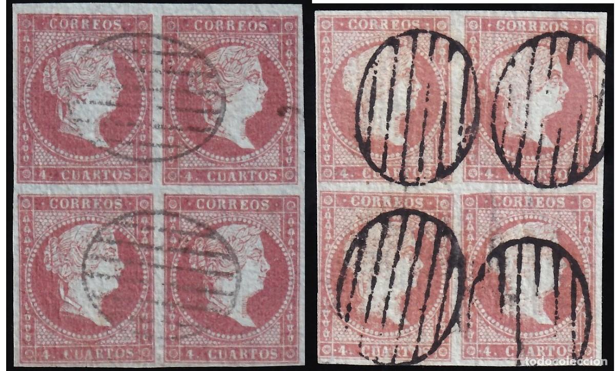 Sellos: ESPA&Ntilde;A, 1855 EDIFIL N&ordm; 40, 40A, 4 cu rojo, [Bloque de cuatro]
