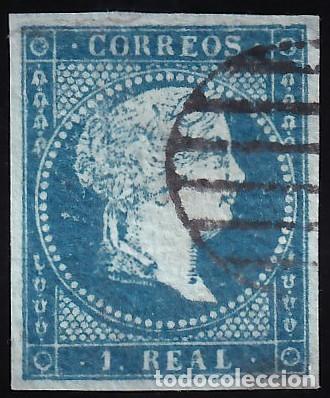 Sellos: ESPA&Ntilde;A, 1855 EDIFIL N&ordm; 41, 1 r. azul, [Papel, Filigrana Lazos.]