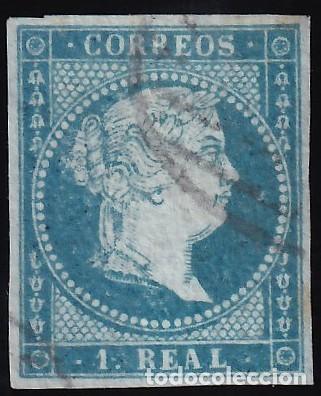 Sellos: ESPA&Ntilde;A, 1855 EDIFIL N&ordm; 41, 1 r. azul, [Papel, Filigrana Lazos.]