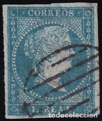Sellos: ESPA&Ntilde;A, 1855 EDIFIL N&ordm; 41, 1 r. azul, [Papel, Filigrana Lazos.]