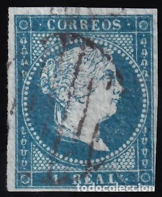 Sellos: ESPA&Ntilde;A, 1855 EDIFIL N&ordm; 41, 1 r. azul, [Papel, Filigrana Lazos.]
