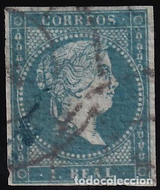 Sellos: ESPA&Ntilde;A, 1855 EDIFIL N&ordm; 41, 1 r. azul, [Mat. Rueda de Carreta, Papel, Filigrana Lazos.]