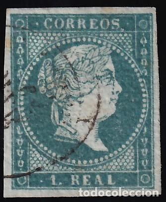 Sellos: ESPA&Ntilde;A, 1855 EDIFIL N&ordm; 41, 1 r. azul, [Mat. Fechador, Papel, Filigrana Lazos.]